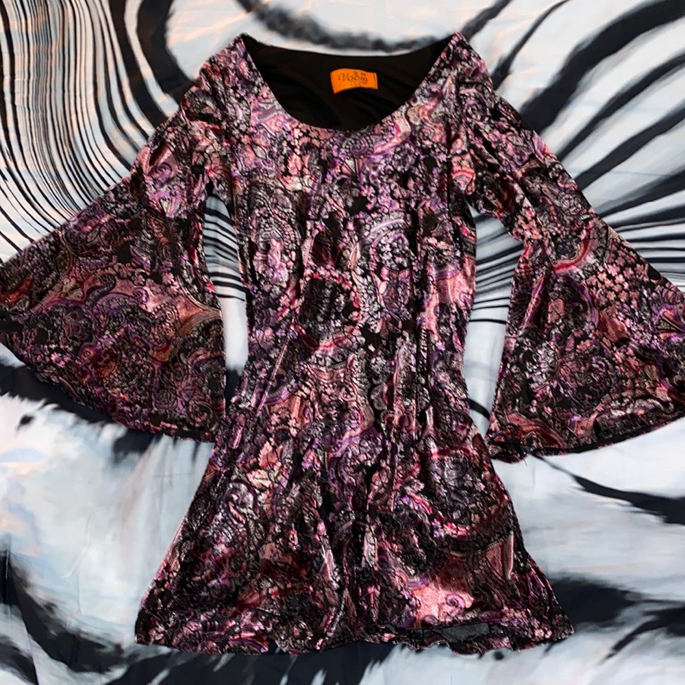 Velvet plum mini dress, cropped bell sleeves